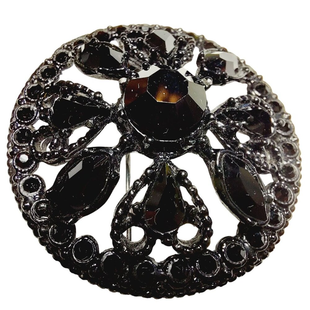 Vintage Domed Black Rhinestone Round Brooch Filigree Design Mourning Pin - Picture 2 of 7